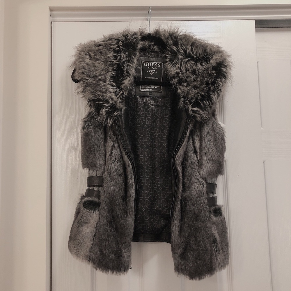 Guess Faux Fur Vest with Leather Trim